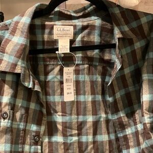 L.L. Bean Men's Aqua and Brown Checkered Shirt